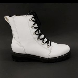Sorel Womens Lennox Ankle Boots White Black Leather Lace Up Round Toe 8.5 New